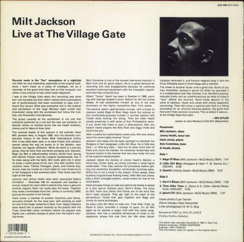 Milt Jackson 'Live' At The Village Gate vinyl LP album (LP record) US MJ1LPLI803939