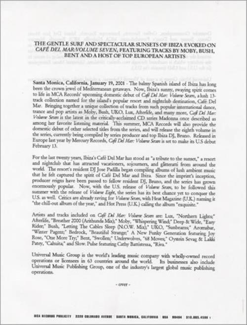 Moby Cafe Del Mar media press pack US MBYPPCA182268