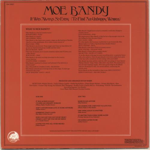 Moe Bandy It Was Always So Easy [To Find An Unhappy Woman] vinyl LP album (LP record) US M0YLPIT699493