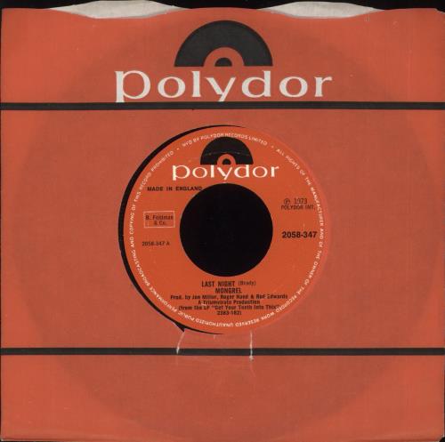 Mongrel (70S) Last Night 7" vinyl single (7 inch record / 45) UK 0QT07LA734665