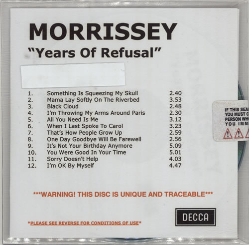 Morrissey Years Of Refusal CD-R acetate UK MORCRYE633722