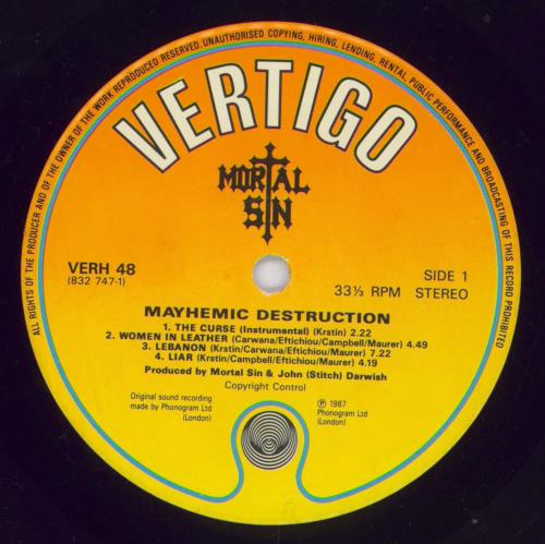 Mortal Sin Mayhemic Destruction vinyl LP album (LP record) UK MDFLPMA830595
