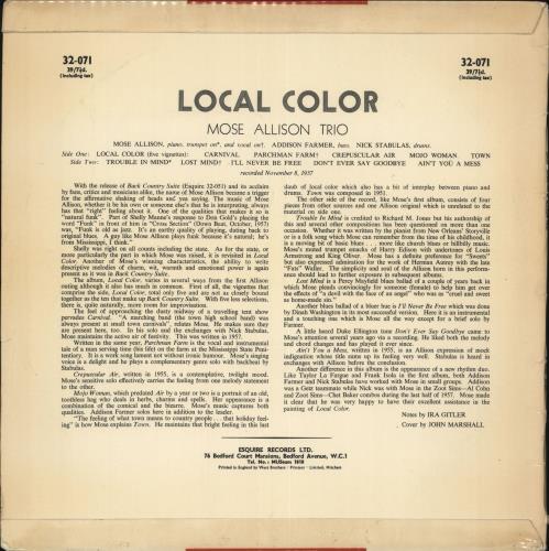 Mose Allison Local Color vinyl LP album (LP record) UK AM3LPLO715497