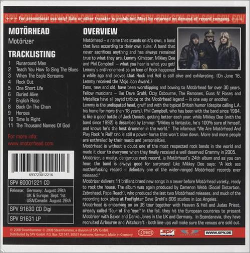 Motorhead Motorizer German Promo CD album (CDLP) (447850)