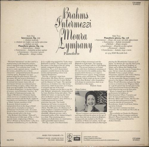 Moura Lympany Brahms Intermezzi vinyl LP album (LP record) UK N91LPBR766778