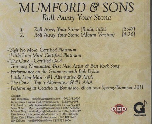 Mumford & Sons Roll Away Your Stone CD-R acetate US M3DCRRO543314