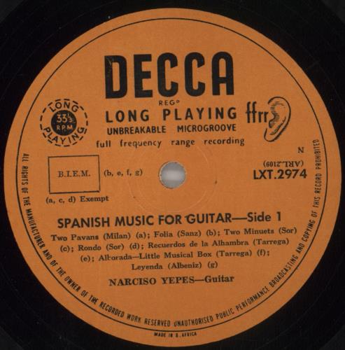 Narciso Yepes Musica Espa�ola Para Guitarra vinyl LP album (LP record) South African NDXLPMU861183