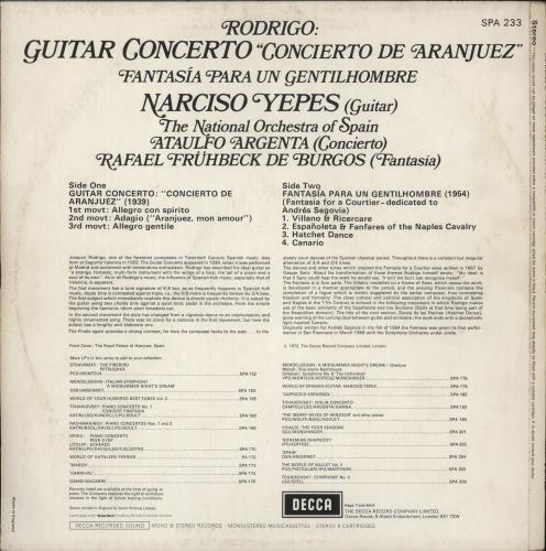Narciso Yepes Rodrigo: Guitar Concerto & Fantasia Para Un Gentilhombre vinyl LP album (LP record) UK NDXLPRO534952