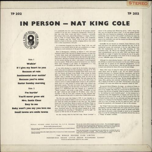 Nat King Cole In Person vinyl LP album (LP record) UK NKCLPIN855476