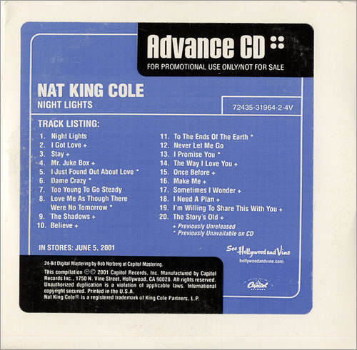 Nat King Cole Night Lights CD album (CDLP) US NKCCDNI475217
