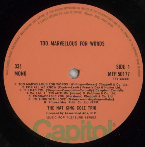 Nat King Cole Too Marvellous For Words vinyl LP album (LP record) UK NKCLPTO410148