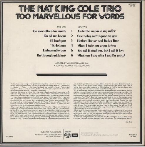 Nat King Cole Too Marvellous For Words vinyl LP album (LP record) UK NKCLPTO410148