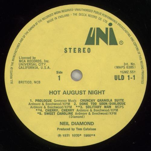 Neil Diamond Hot August Night-EX 2-LP vinyl record set (Double LP Album) UK NDI2LHO799688