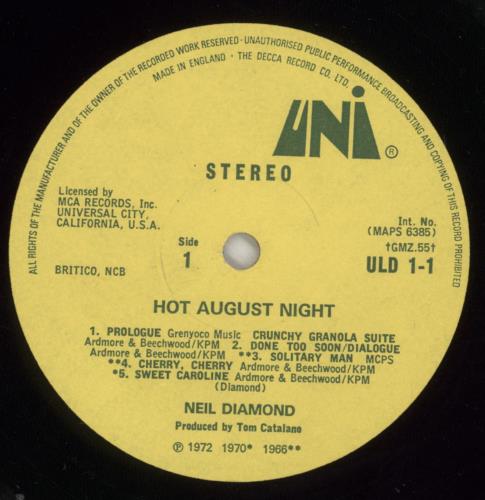 Neil Diamond Hot August Night 2-LP vinyl record set (Double LP Album) UK NDI2LHO362866