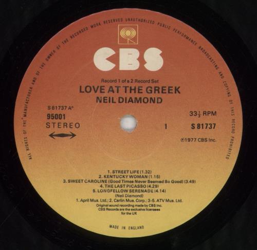 Neil Diamond Love At The Greek 2-LP vinyl record set (Double LP Album) UK NDI2LLO523870