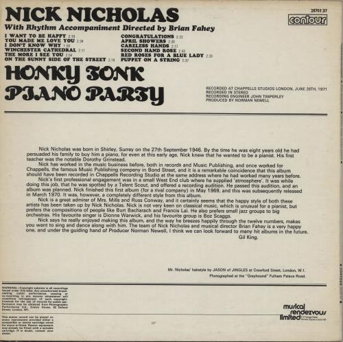 Nick Nicholas Honky Tonk Piano Party vinyl LP album (LP record) UK N3CLPHO757937