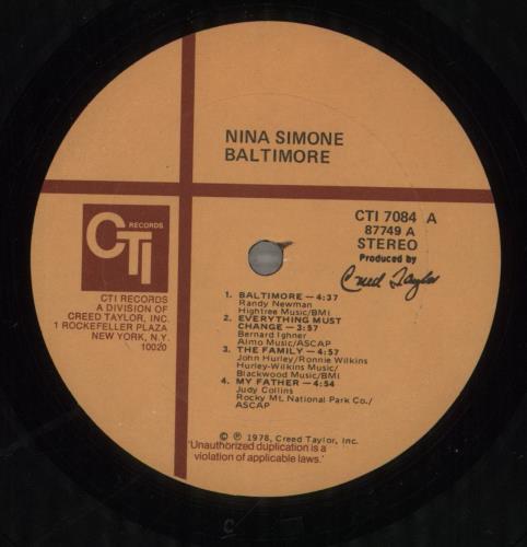 Nina Simone Baltimore - VG vinyl LP album (LP record) US NNSLPBA882546