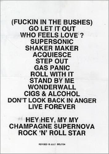 Oasis Bolton Laminated Set List 15th July 2000 memorabilia UK OASMMBO292348
