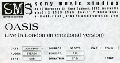 Oasis Live In London - Later With Jools Holland Promo Video video (VHS or PAL or NTSC) UK OASVILI285484