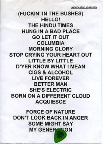 Oasis Newcastle Set List + Noel's Plectrum memorabilia UK OASMMNE298889