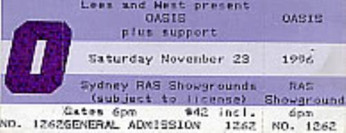 Oasis Unused Tour Ticket memorabilia Australian OASMMUN274548