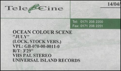 Ocean Colour Scene July video (VHS or PAL or NTSC) UK OCSVIJU158482
