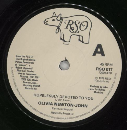 Olivia Newton John Hopelessly Devoted To You 7" vinyl single (7 inch record / 45) UK ONJ07HO888863