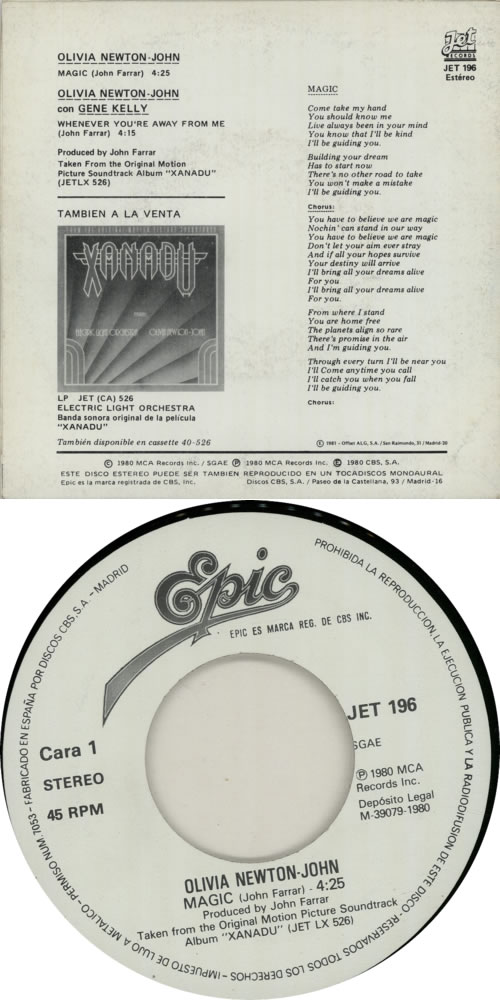 Olivia Newton John Magic - Epic 7" vinyl single (7 inch record / 45) Spanish ONJ07MA617328