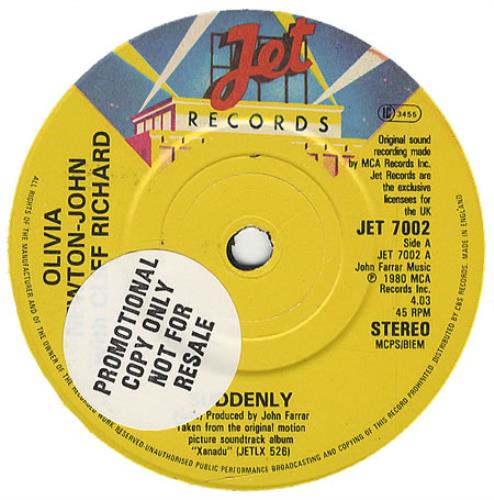 Olivia Newton John Suddenly - Promo Stickered 7" vinyl single (7 inch record / 45) UK ONJ07SU414950