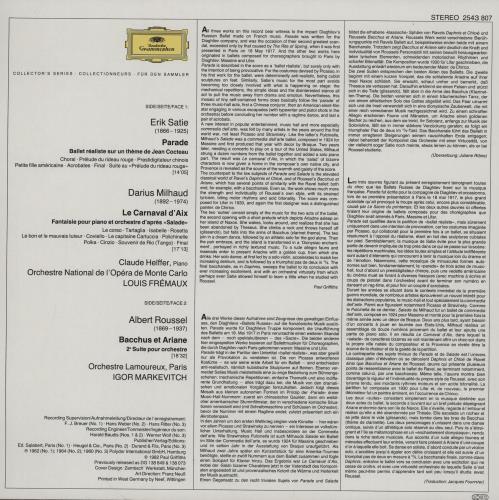 Orchestre De L'Opera De Monte Carlo Satie: Parade / Milhaud: Le Carnaval D'Aix / Roussel: Bacchus Et Ariane vinyl LP album (LP record) German O1CLPSA753528