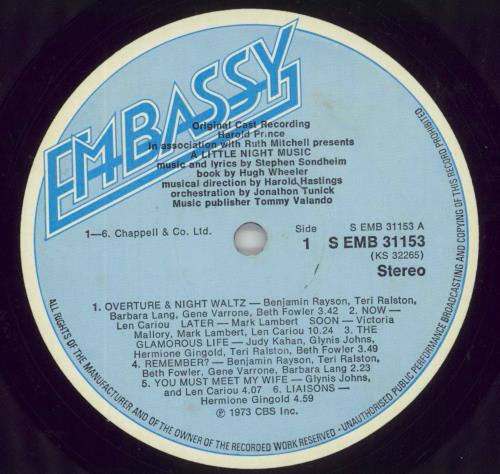 Original Cast Recording A Little Night Music vinyl LP album (LP record) UK 1OCLPAL564008