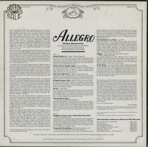 Original Cast Recording Allegro - promo stamped vinyl LP album (LP record) UK 1OCLPAL761980