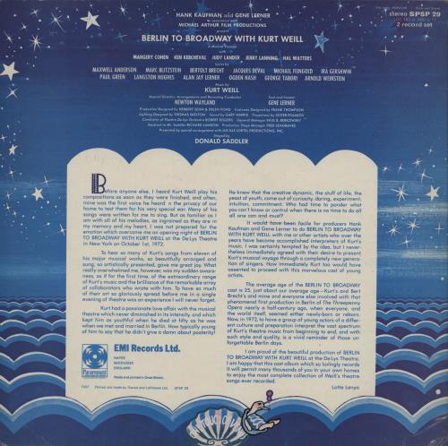 Original Cast Recording Berlin To Broadway with Kurt Weill 2-LP vinyl record set (Double LP Album) UK 1OC2LBE761978