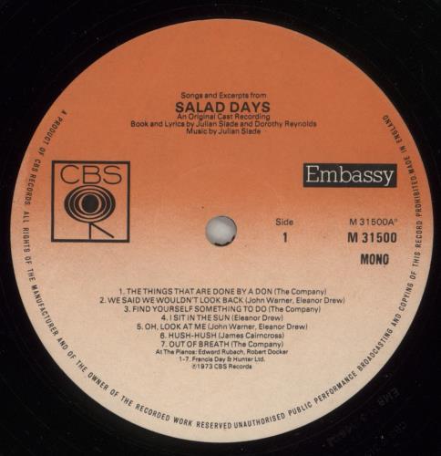 Original Cast Recording Selection Of The Songs From Salad Days vinyl LP album (LP record) UK 1OCLPSE880650