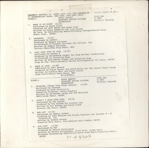 Original Soundtrack Fatal Beauty vinyl LP album (LP record) US OSTLPFA850572
