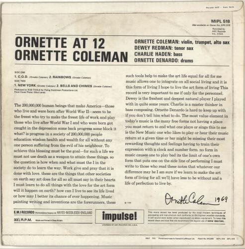 Ornette Coleman Ornette At 12 vinyl LP album (LP record) UK ORCLPOR704049