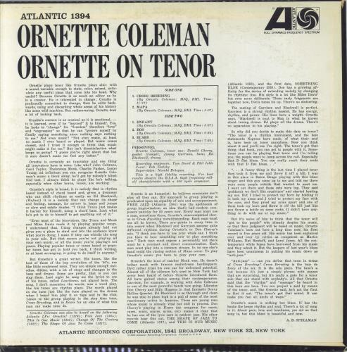 Ornette Coleman Ornette On Tenor vinyl LP album (LP record) US ORCLPOR848837
