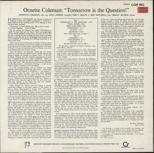 Ornette Coleman Tomorrow Is The Question! vinyl LP album (LP record) UK ORCLPTO739202