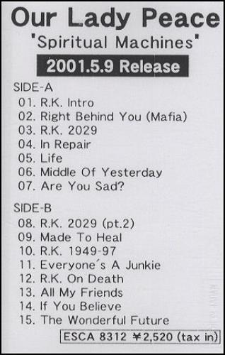 Our Lady Peace Spiritual Machines cassette album Japanese OLPCLSP183187