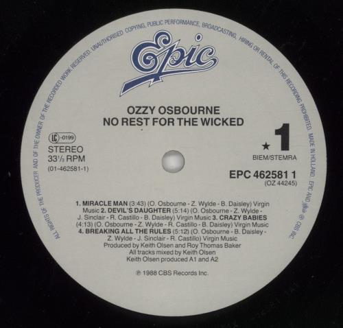 Ozzy Osbourne No Rest For The Wicked vinyl LP album (LP record) UK OZZLPNO865569