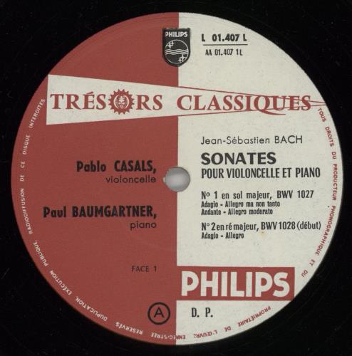 Pablo Casals Bach: 3 Sonates Pour Violoncelle Et Piano vinyl LP album (LP record) French P-JLPBA761009