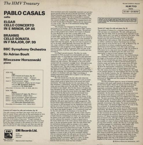 Pablo Casals Elgar Cello Concerto / Brahms Cello Sonata vinyl LP album (LP record) UK P-JLPEL760977