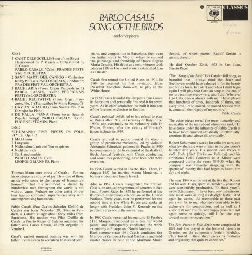 Pablo Casals Song Of The Birds vinyl LP album (LP record) UK P-JLPSO686167