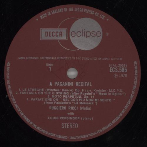 Paganini A Paganini Recital vinyl LP album (LP record) UK PZGLPAP857728