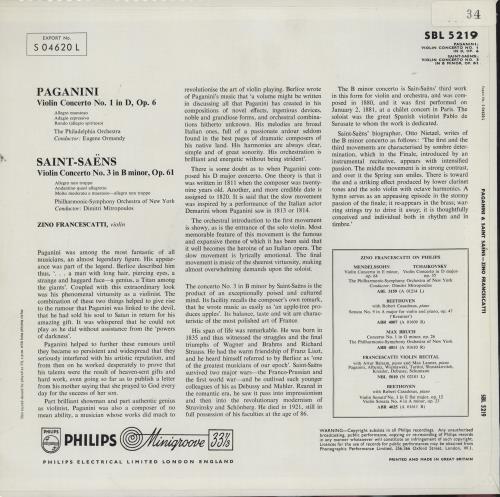 Paganini Violin Concerto No. 1 vinyl LP album (LP record) UK PZGLPVI762388