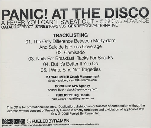Panic At The Disco A Fever You Can't Sweat Out - 5 Song Advance CD single (CD5 / 5") US PDOC5AF431420