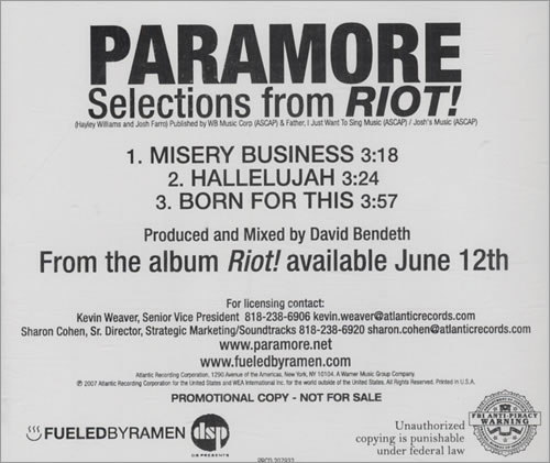Paramore Selections From Riot! CD single (CD5 / 5") US OR8C5SE434349
