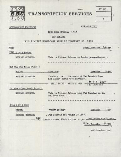 Pat Benatar B.B.C. Rock Hour vinyl LP album (LP record) US BENLPBB849809