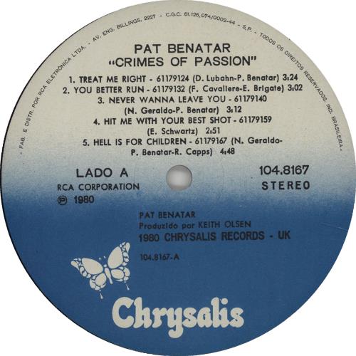 Pat Benatar Crimes Of Passion - Gold Promo Stamped vinyl LP album (LP record) Brazilian BENLPCR666816