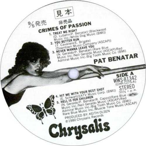 Pat Benatar Crimes Of Passion - White Label + Obi vinyl LP album (LP record) Japanese BENLPCR183003